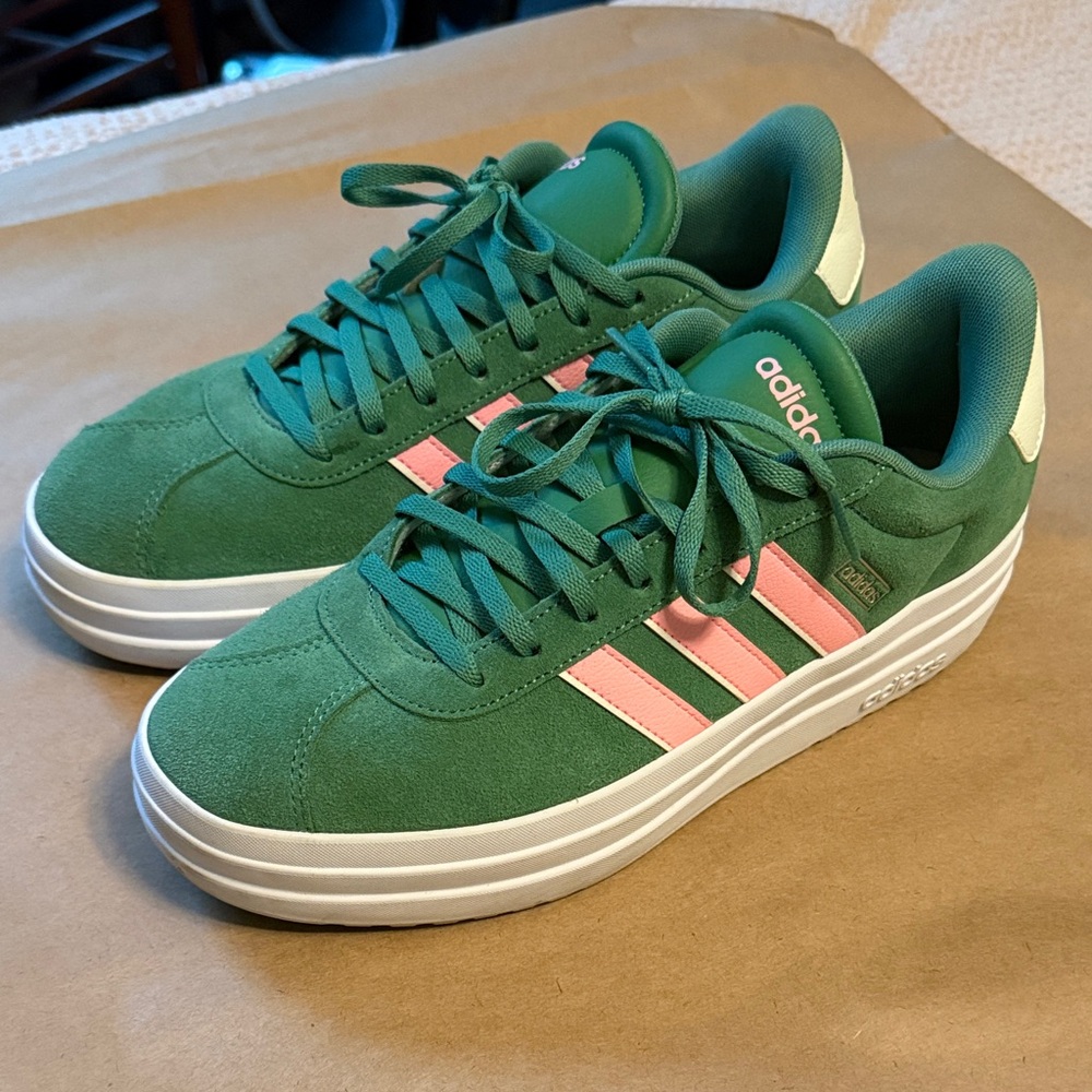 adidas Green Suede Sneakers with Pink Stripes